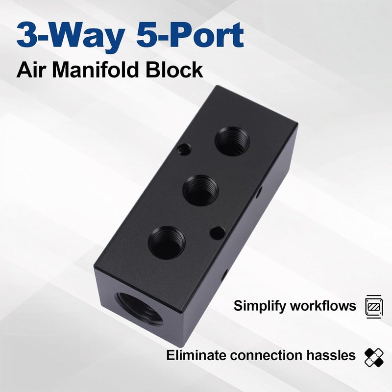 MARSTEK Air Manifold, Air Compressor Manifold, Aluminum Air Hose Inline Manifold Block Splitter, Pneumatic Manifold Air Distribution Block, NPT 1/2 Inch Supply Port, NPT 1/4 Inch Output Port (3 Way 5 Port) - Image 2